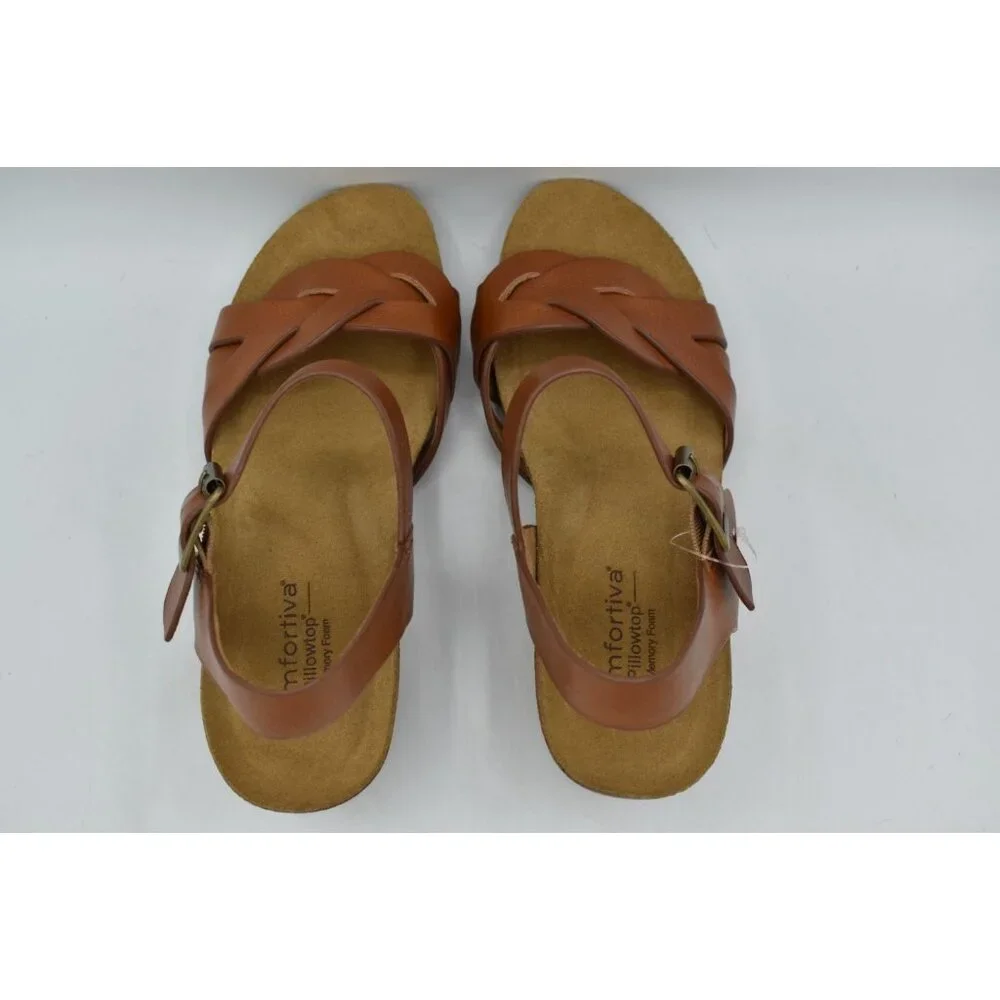 Comfortiva‎ Womens Size 9 Erena Luggage Leather Wedge Sandals Shoes